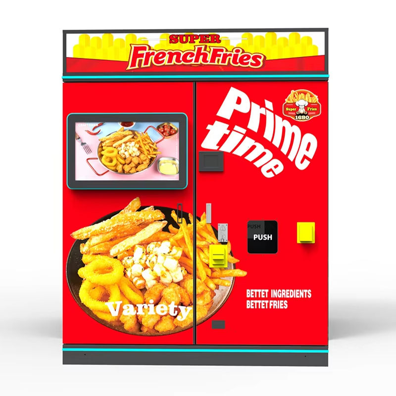 Automatic hot food vending machine for pizza, fries, and chicken with touchscreen