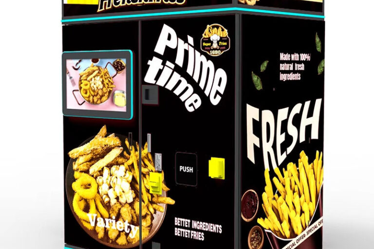 Automatic hot food vending machine for pizza, fries, and chicken with touchscreen