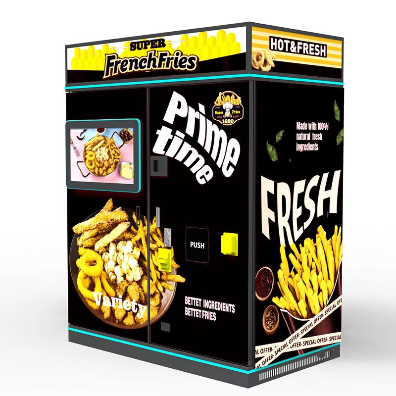 Automatic hot food vending machine for pizza, fries, and chicken with touchscreen