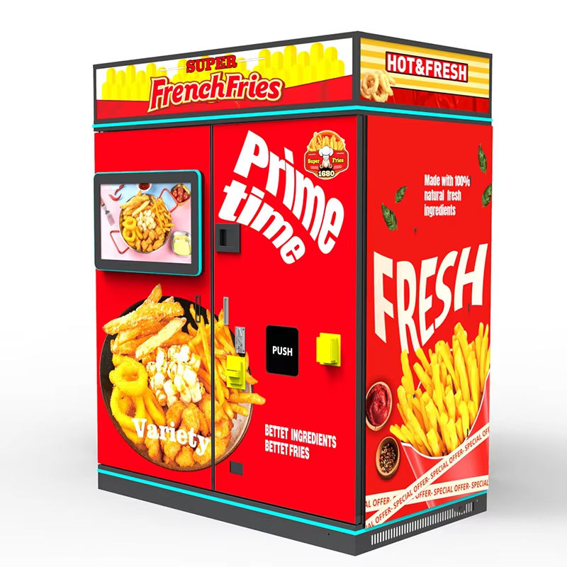 Automatic hot food vending machine for pizza, fries, and chicken with touchscreen