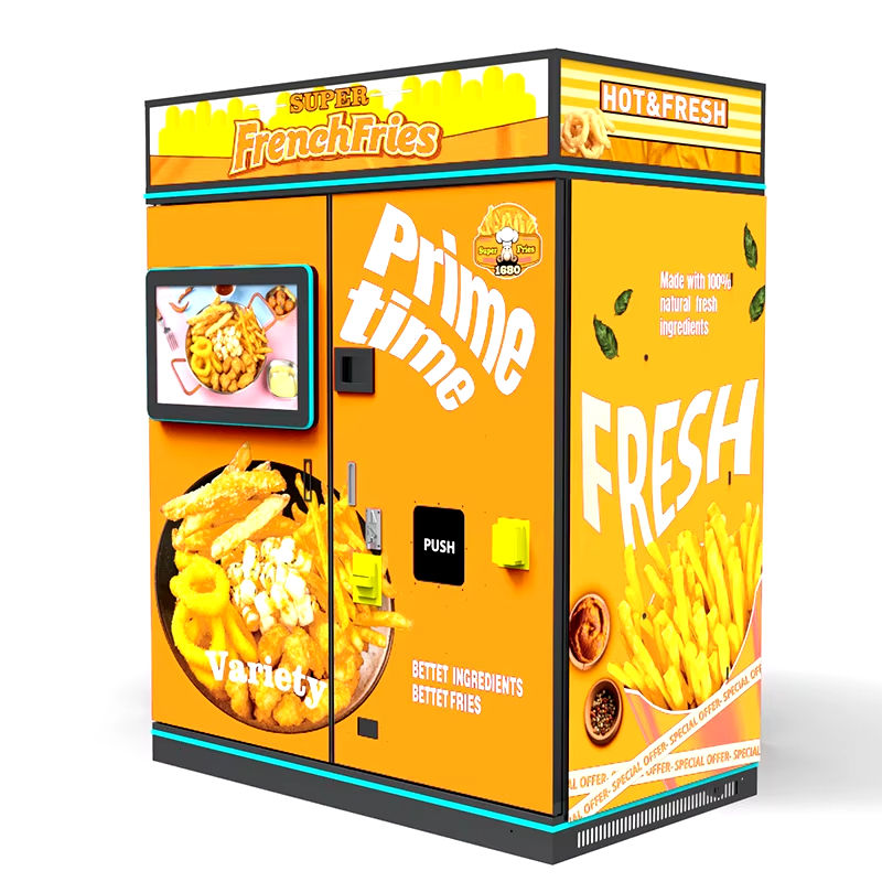 Automatic hot food vending machine for pizza, fries, and chicken with touchscreen